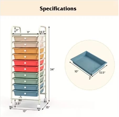 10 Drawer Rolling Storage Cart Organizer with Locking Wheels S17431