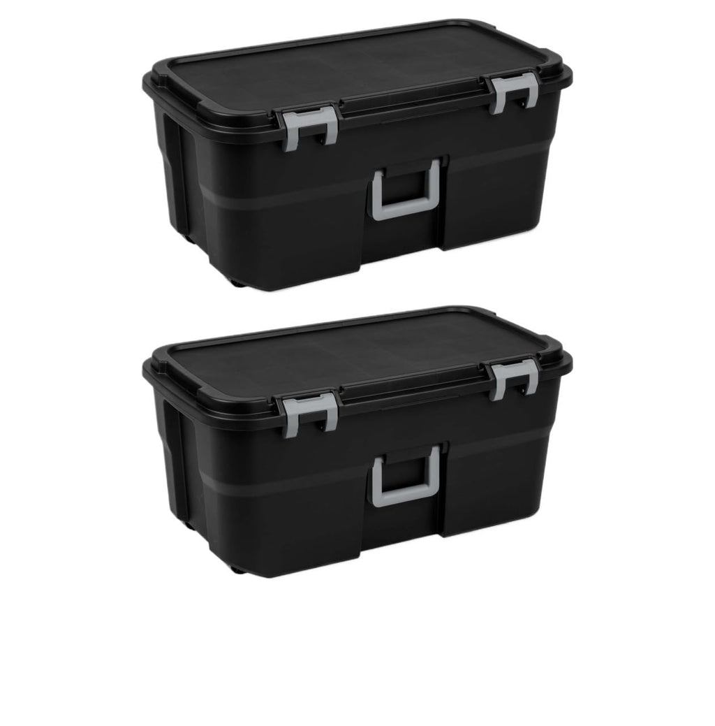 2 Pack 22 Gallon Black Wheeled Lockable Plastic Storage Trunk Q799