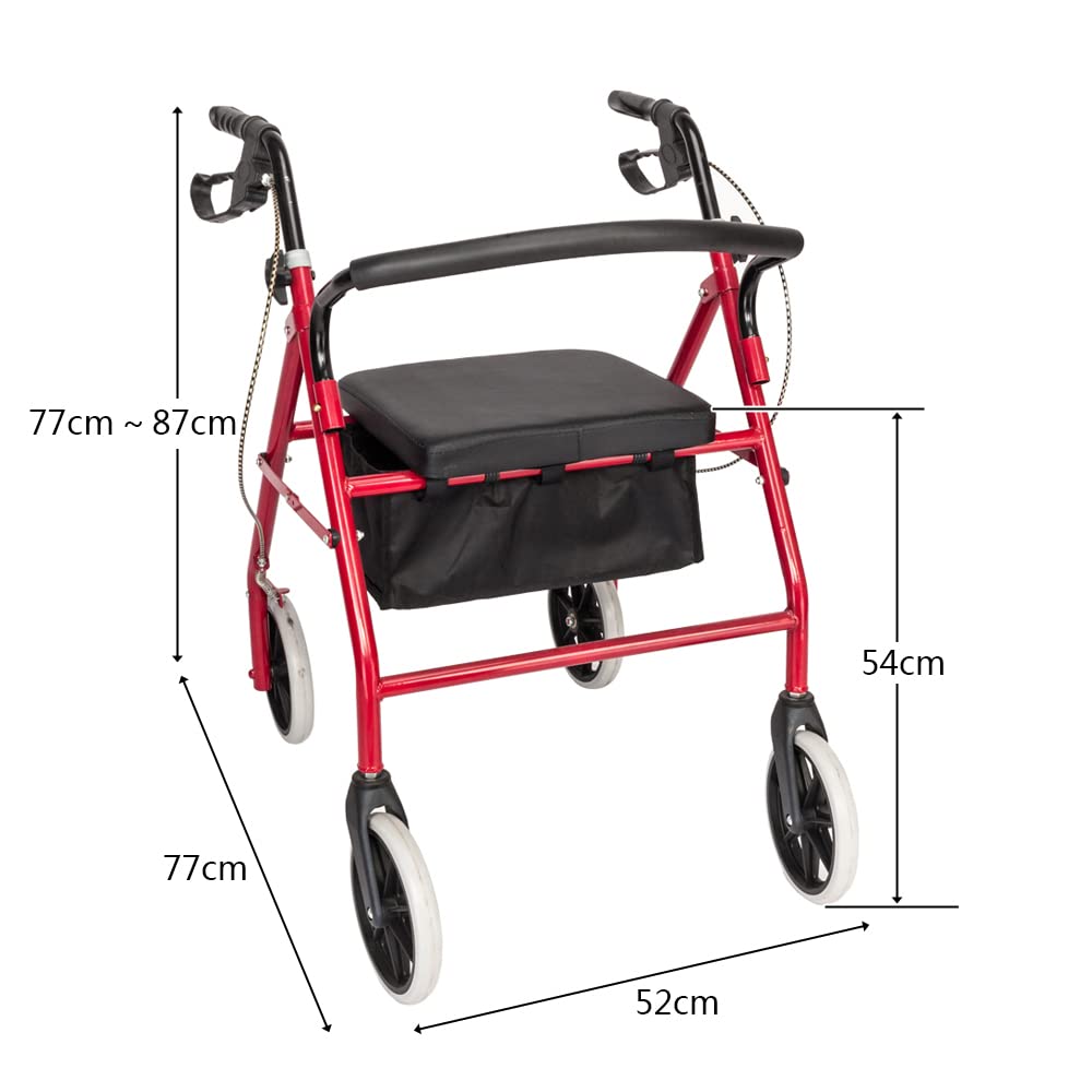 Red Height Adjustable Steel Rolling Walker with Seat X707856