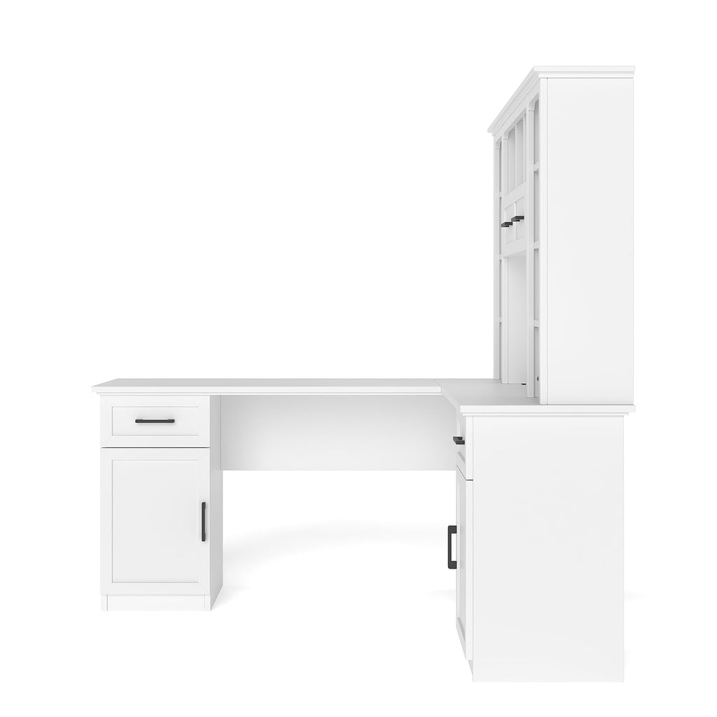 65 Inch White L Shaped Computer Desk with Hutch and Drawers P21404