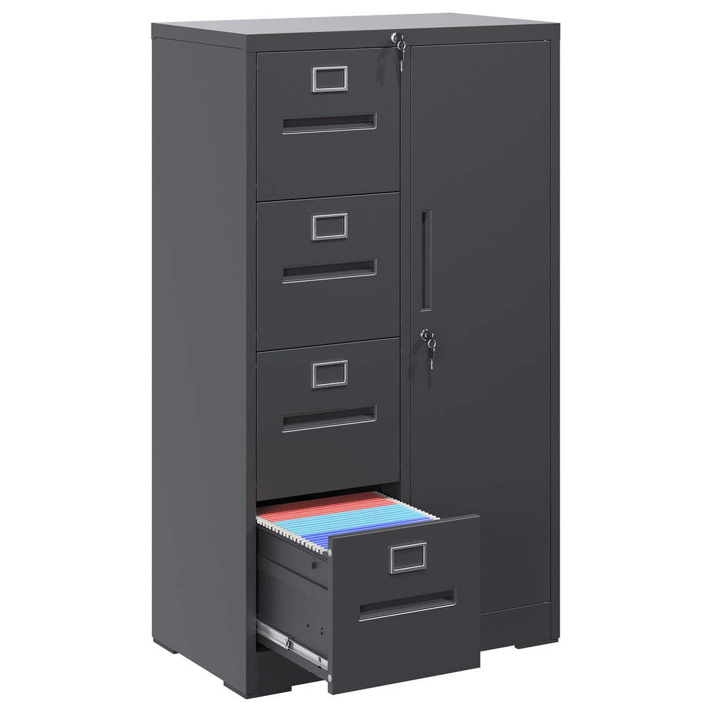 4 Drawer Vertical File Cabinet with Lock and Storage Shelves Black I61667