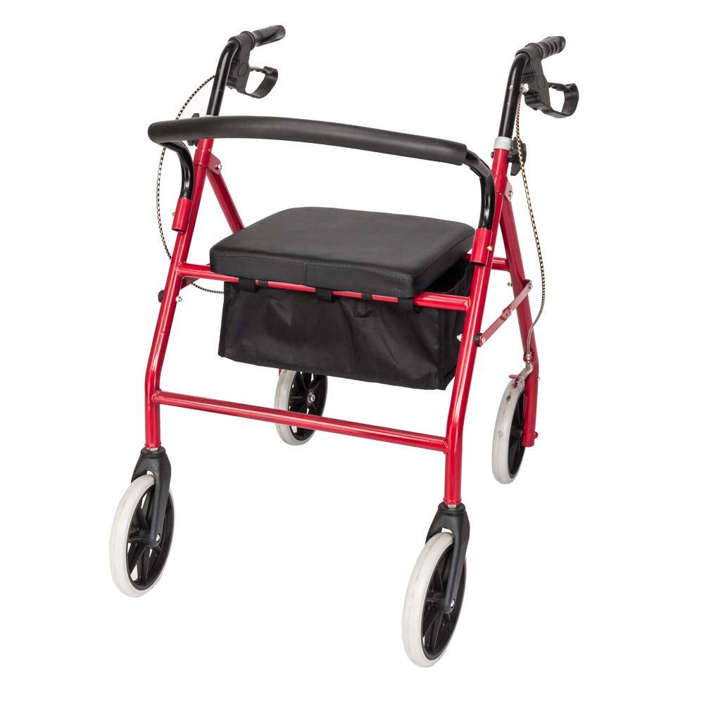 Red Height Adjustable Steel Rolling Walker with Seat X707856