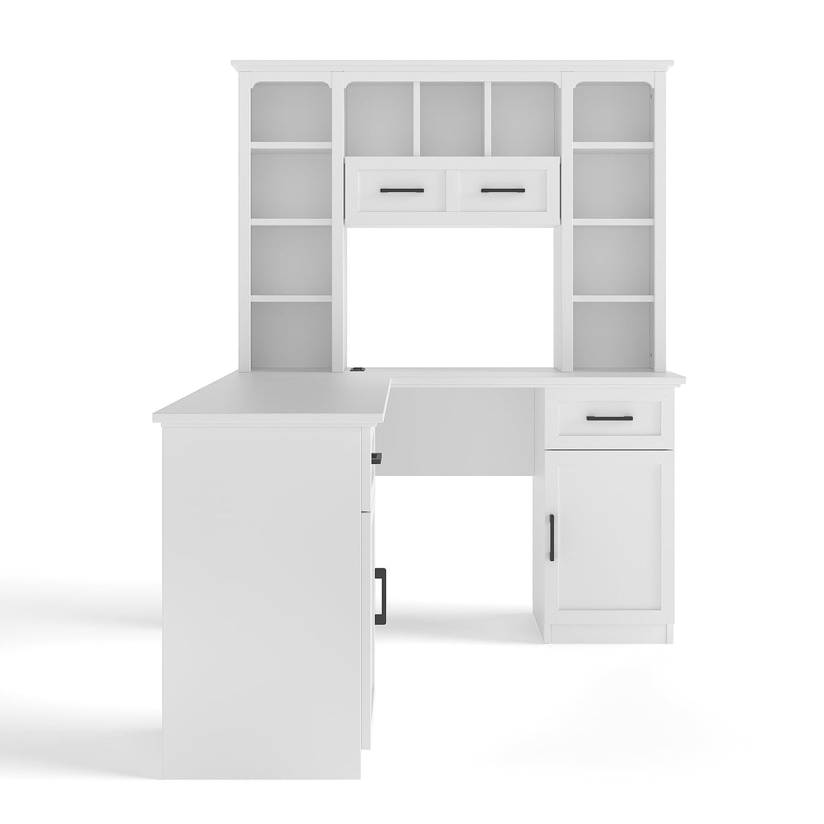 65 Inch White L Shaped Computer Desk with Hutch and Drawers P21404