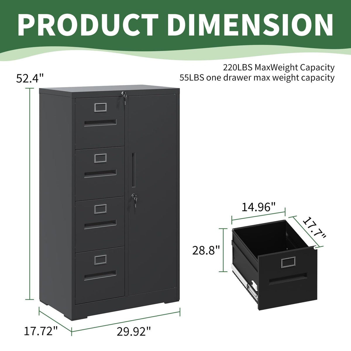 4 Drawer Vertical File Cabinet with Lock and Storage Shelves Black I61667