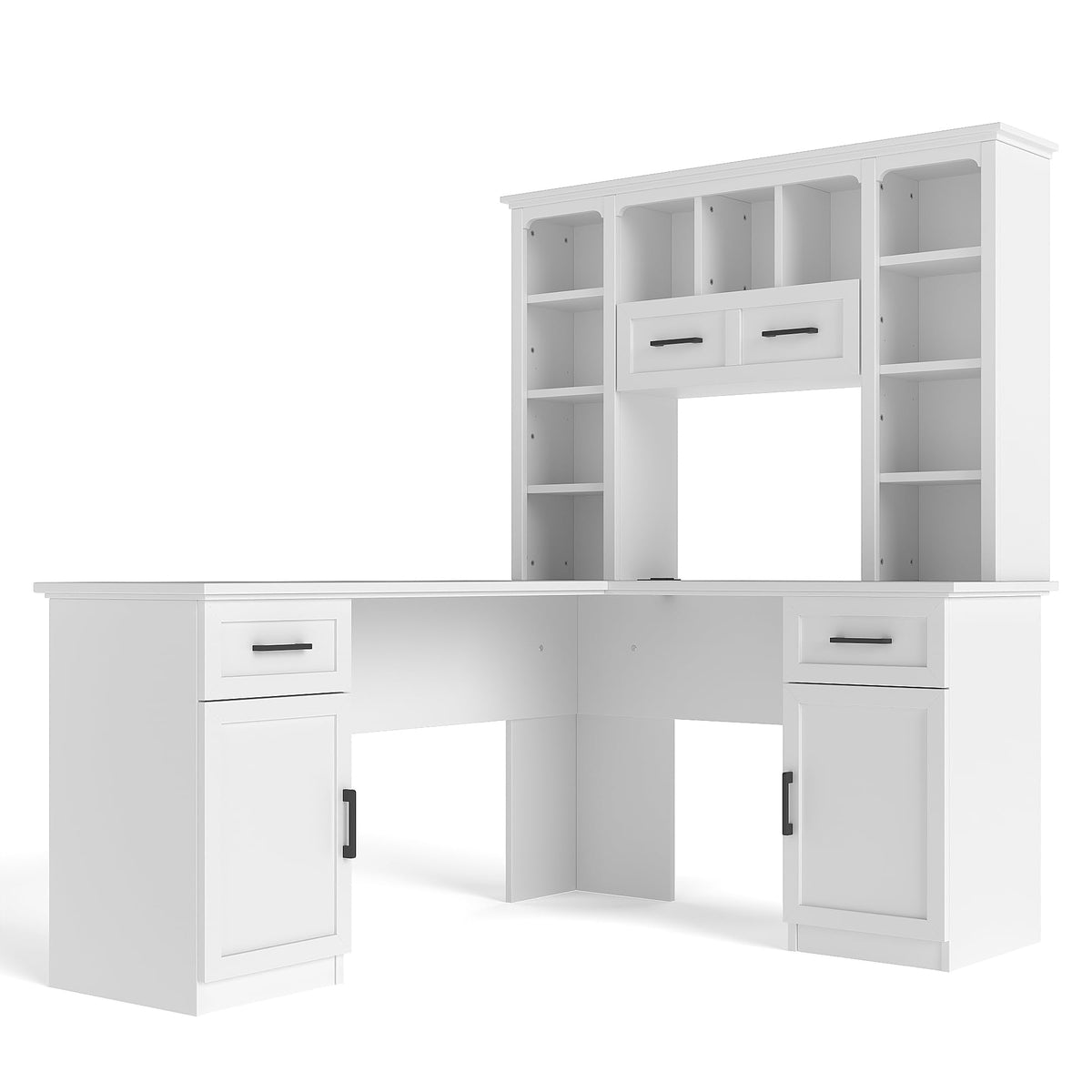 65 Inch White L Shaped Computer Desk with Hutch and Drawers P21404