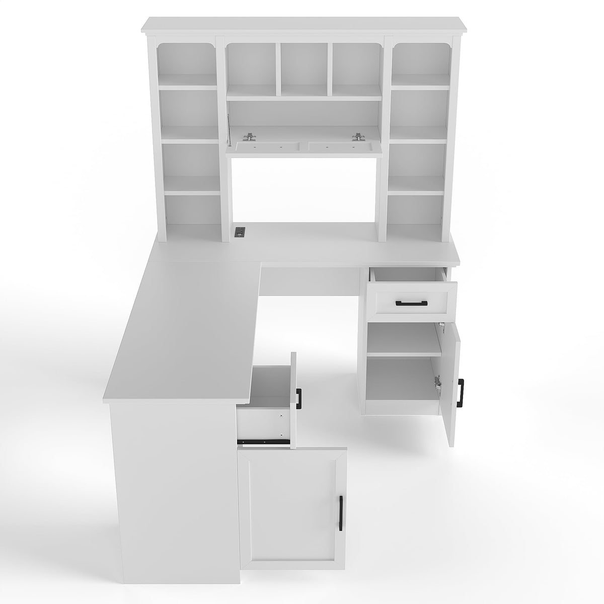 65 Inch White L Shaped Computer Desk with Hutch and Drawers P21404