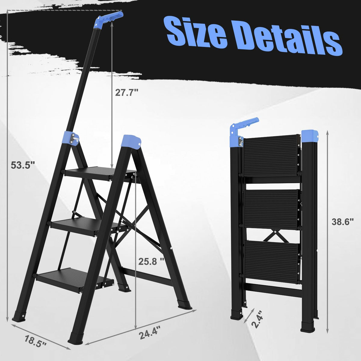 3 Step Foldable Stool with Single-Handrail Blue L152