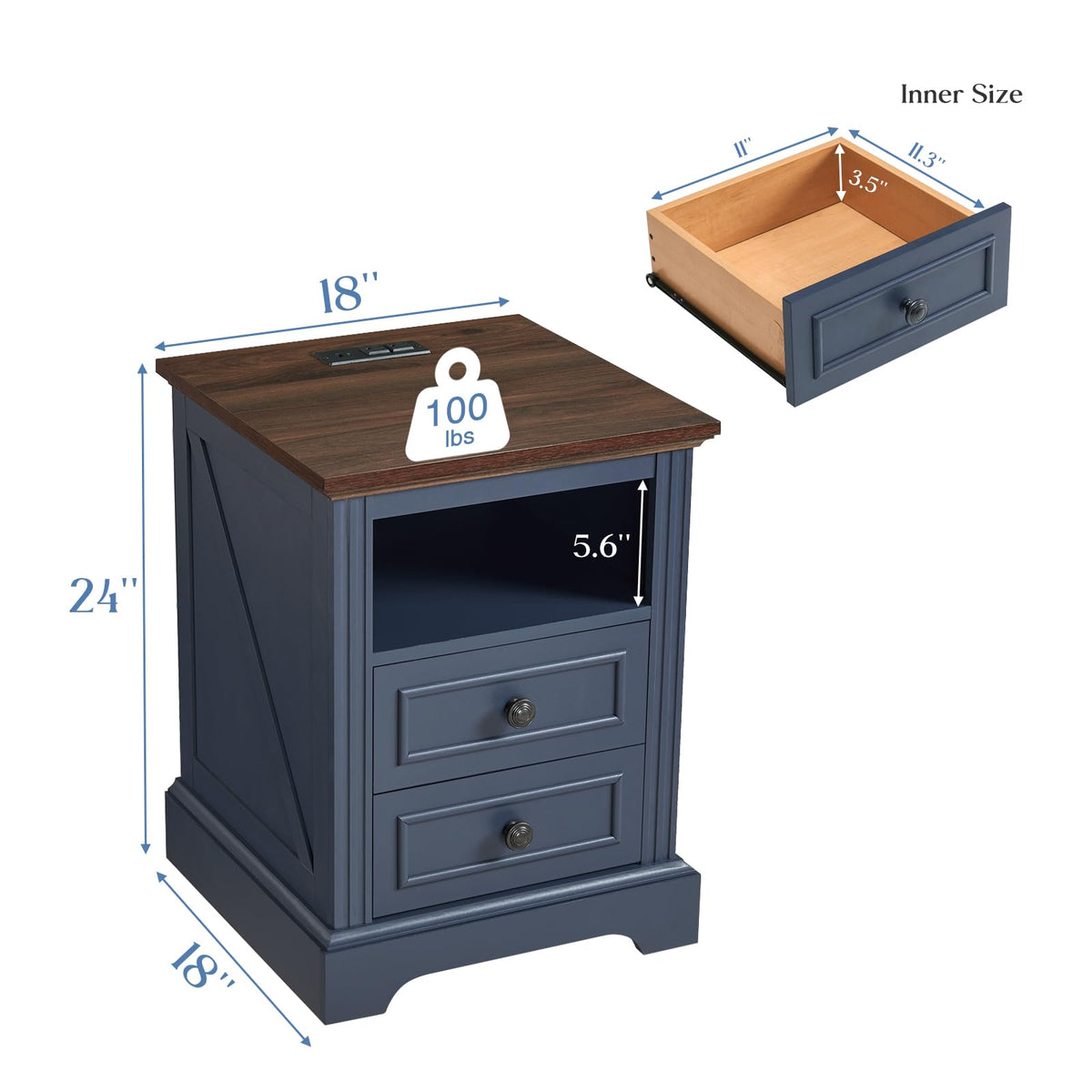 Blue 2 Drawer Nightstand with Charging Station Z26796