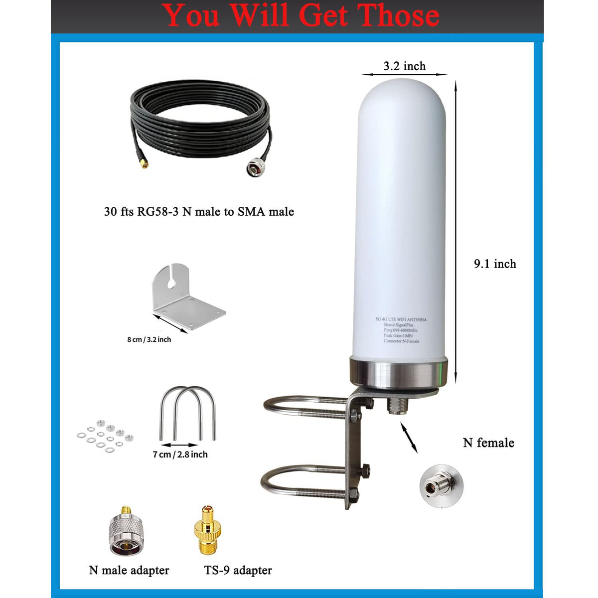 Outdoor 4G 5G LTE Cellular Antenna 698-6000mhz 10dBi N859151