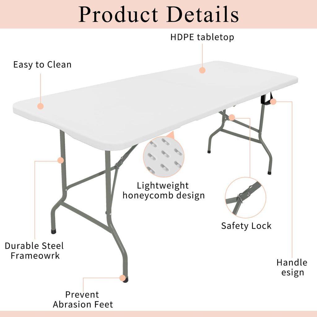 Set of 2 Lightweight 6FT Rectangular Plastic Folding Tables with Steel Legs Y599