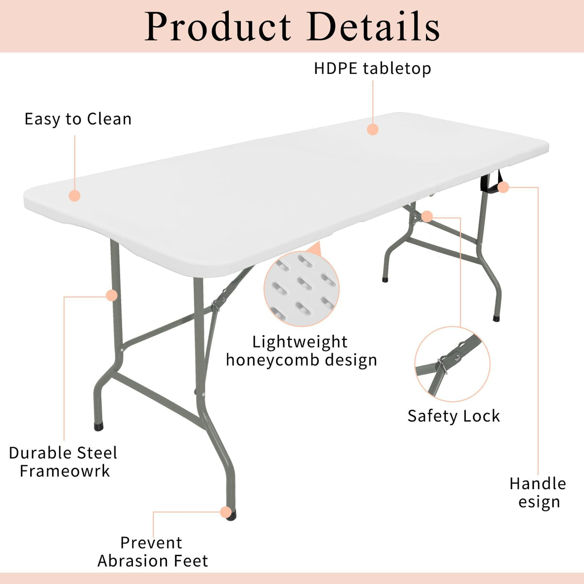 Set of 2 Lightweight 6FT Rectangular Plastic Folding Tables with Steel Legs Y599