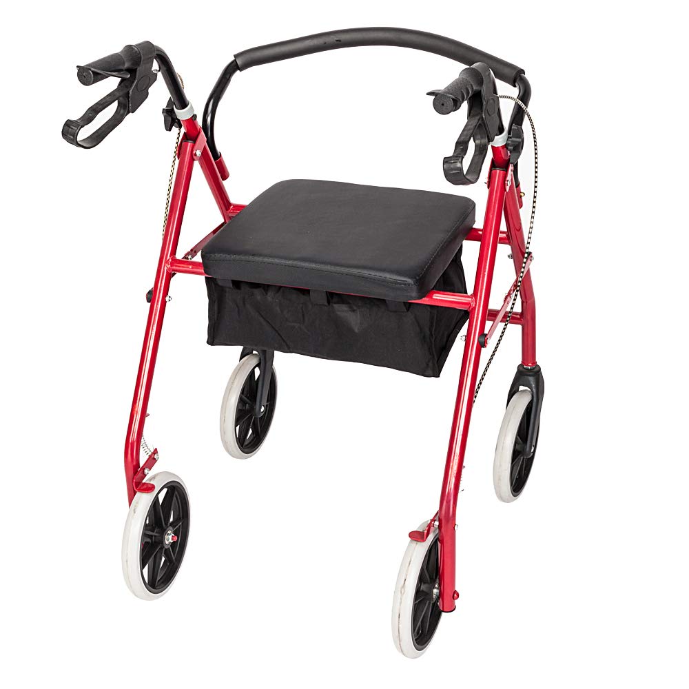Red Height Adjustable Steel Rolling Walker with Seat X707856