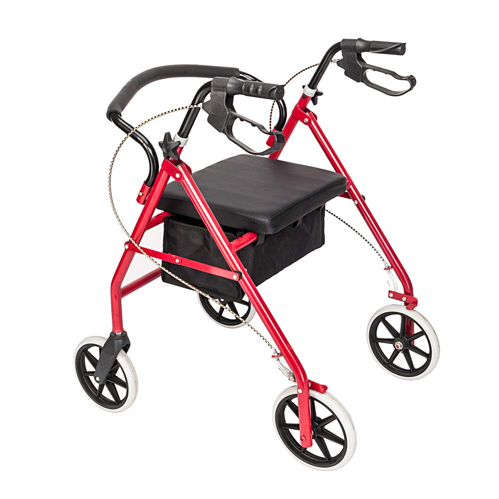 Red Height Adjustable Steel Rolling Walker with Seat X707856
