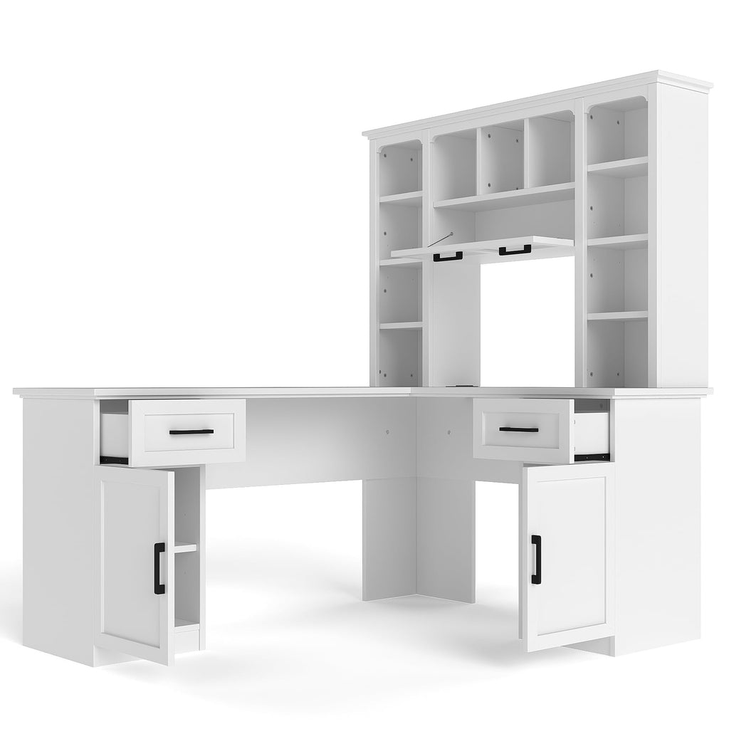 65 Inch White L Shaped Computer Desk with Hutch and Drawers P21404
