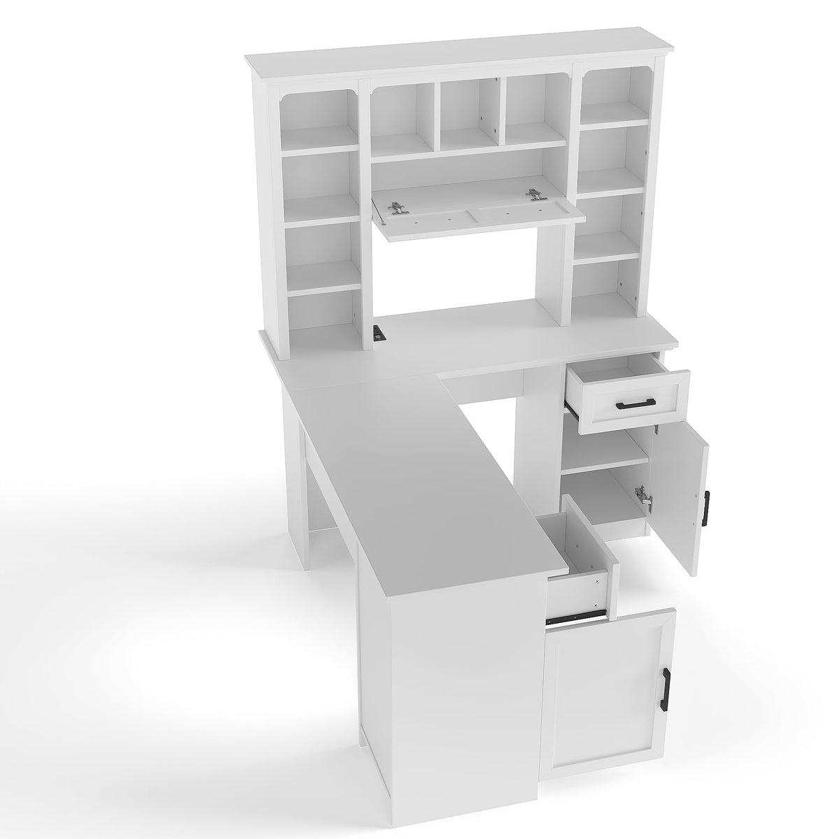 65 Inch White L Shaped Computer Desk with Hutch and Drawers P21404