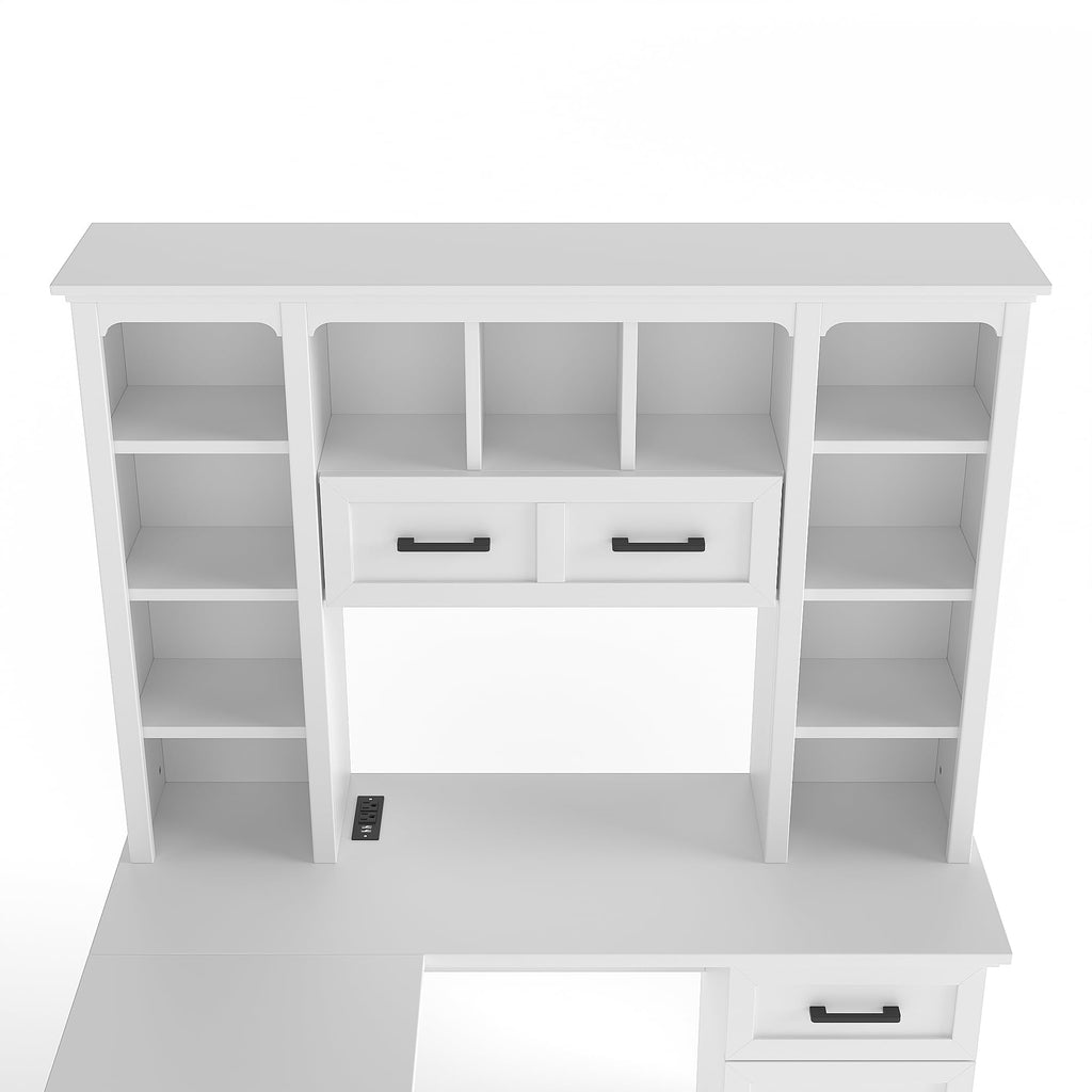 65 Inch White L Shaped Computer Desk with Hutch and Drawers P21404