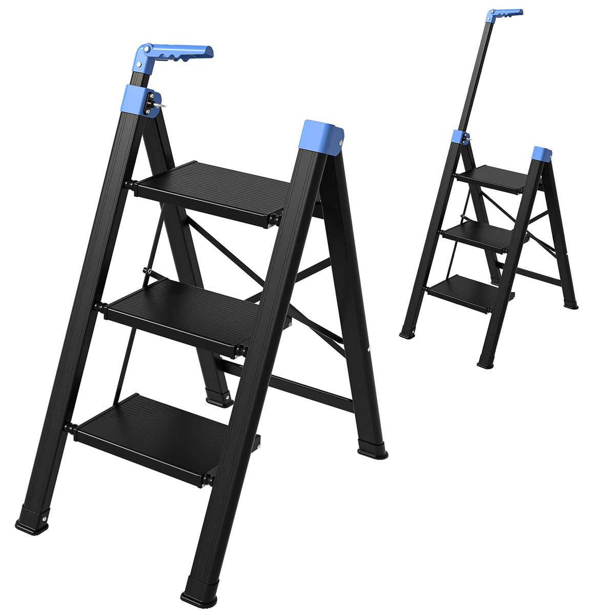 3 Step Foldable Stool with Single-Handrail Blue L152