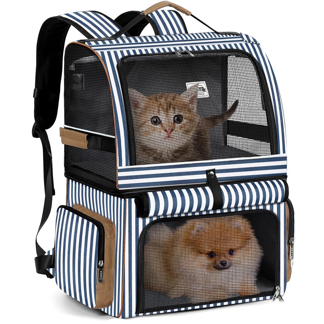 Double Cat Backpack Carrier for 2 Cats Blue Striped L43534