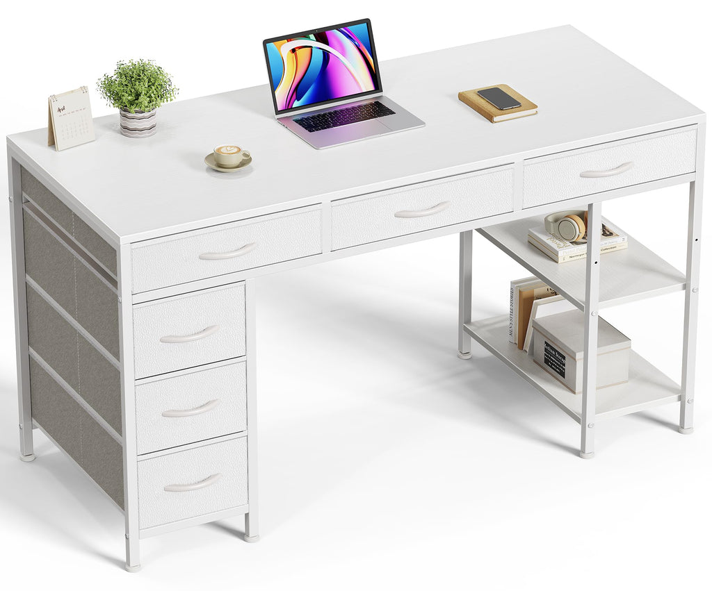 White 6 Drawer Computer Desk with Shelves Y5662