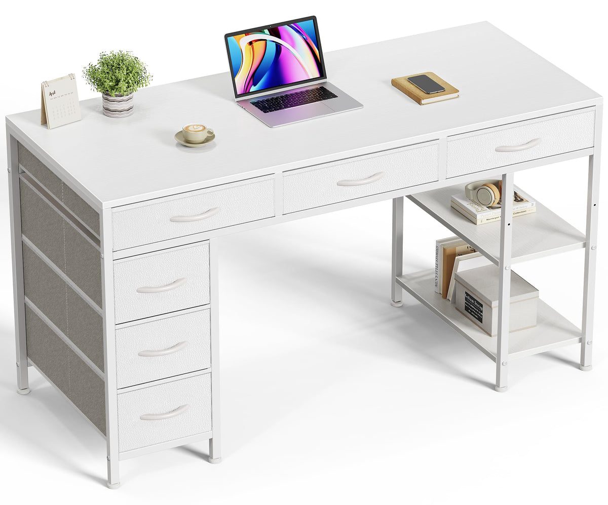 White 6 Drawer Computer Desk with Shelves Y5662