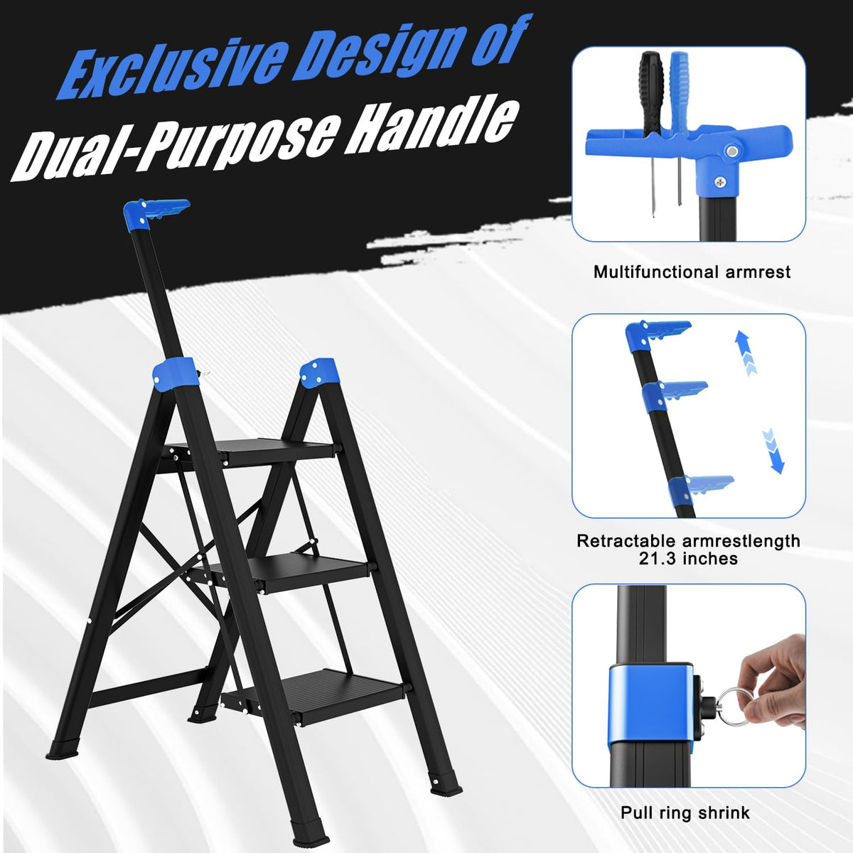 3 Step Foldable Stool with Single-Handrail Blue L152