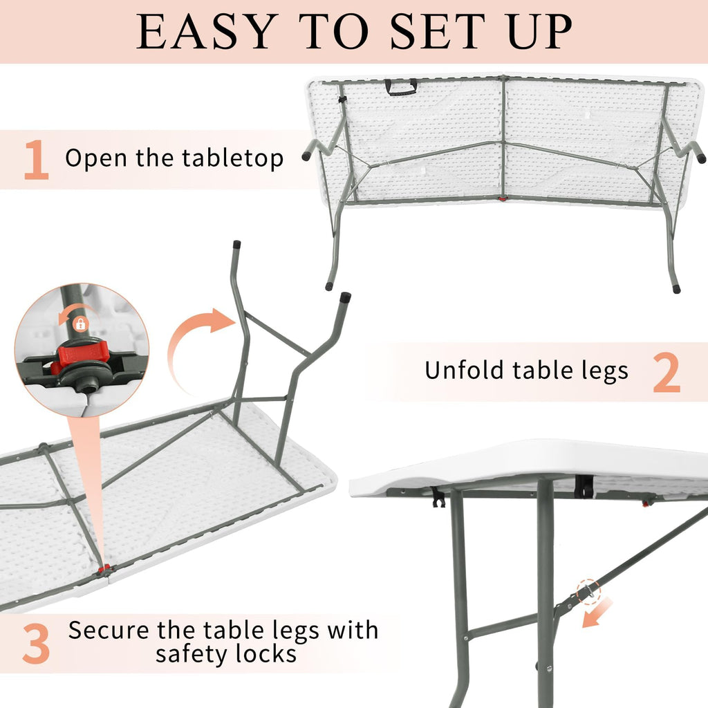 Set of 2 Lightweight 6FT Rectangular Plastic Folding Tables with Steel Legs Y599