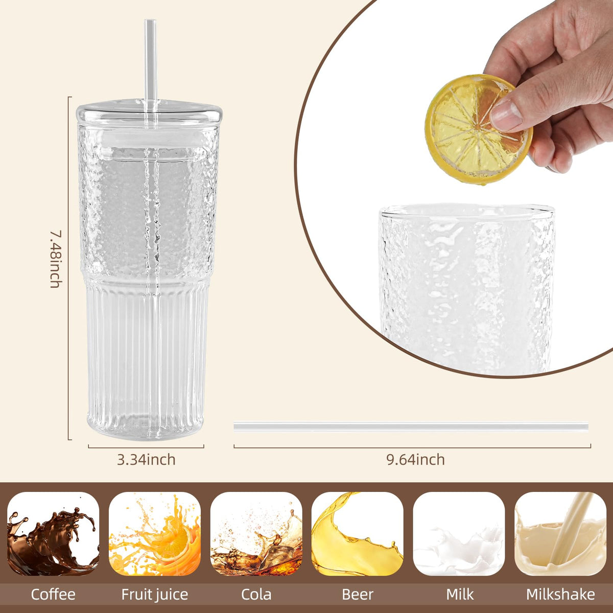 20 oz Glass Cups with Lids and Straws G543