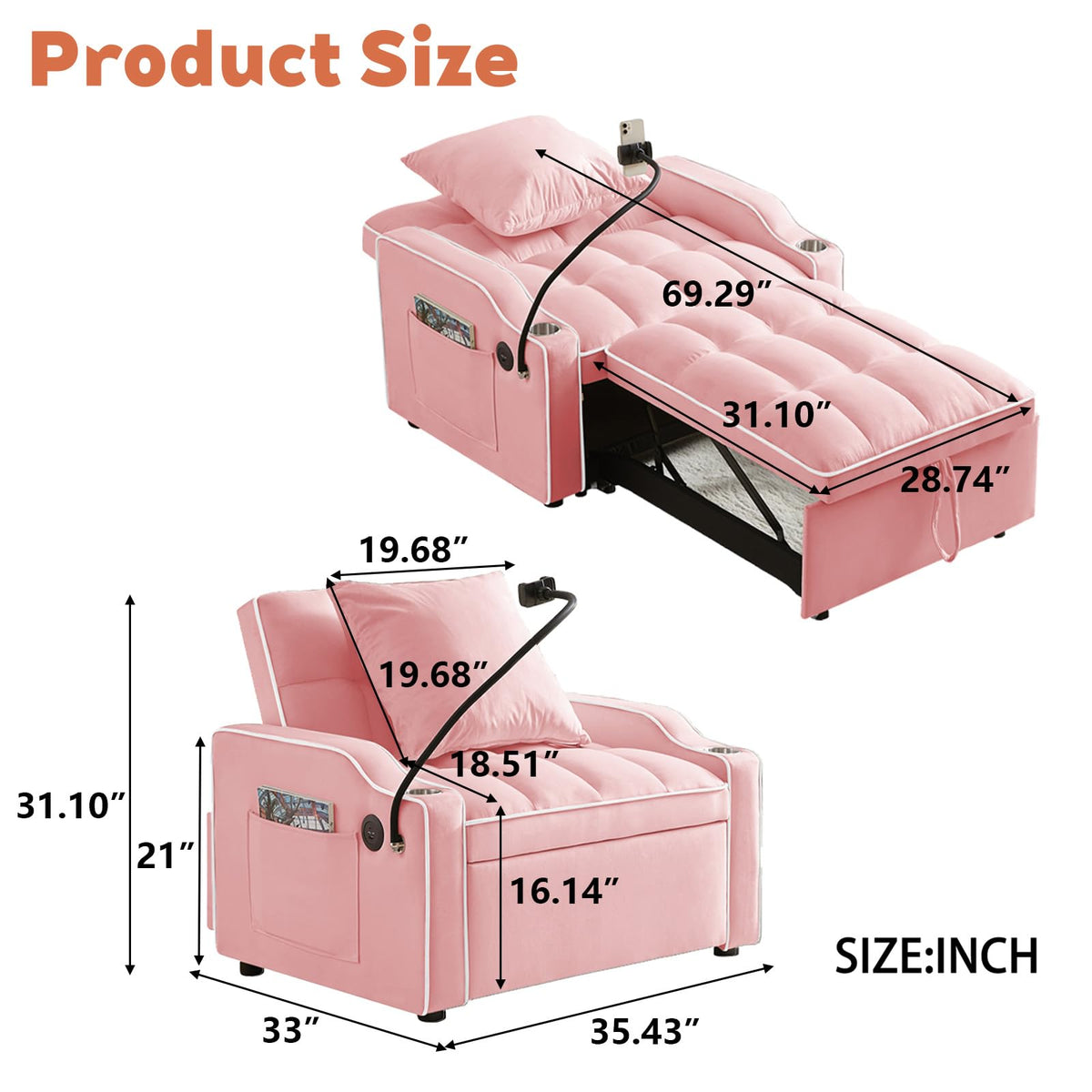 Pink Velvet Convertible Sleeper Chair H252397