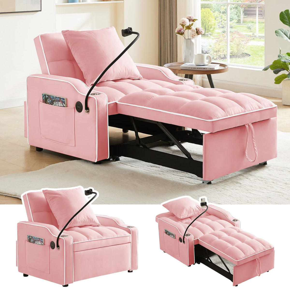 Pink Velvet Convertible Sleeper Chair H252397
