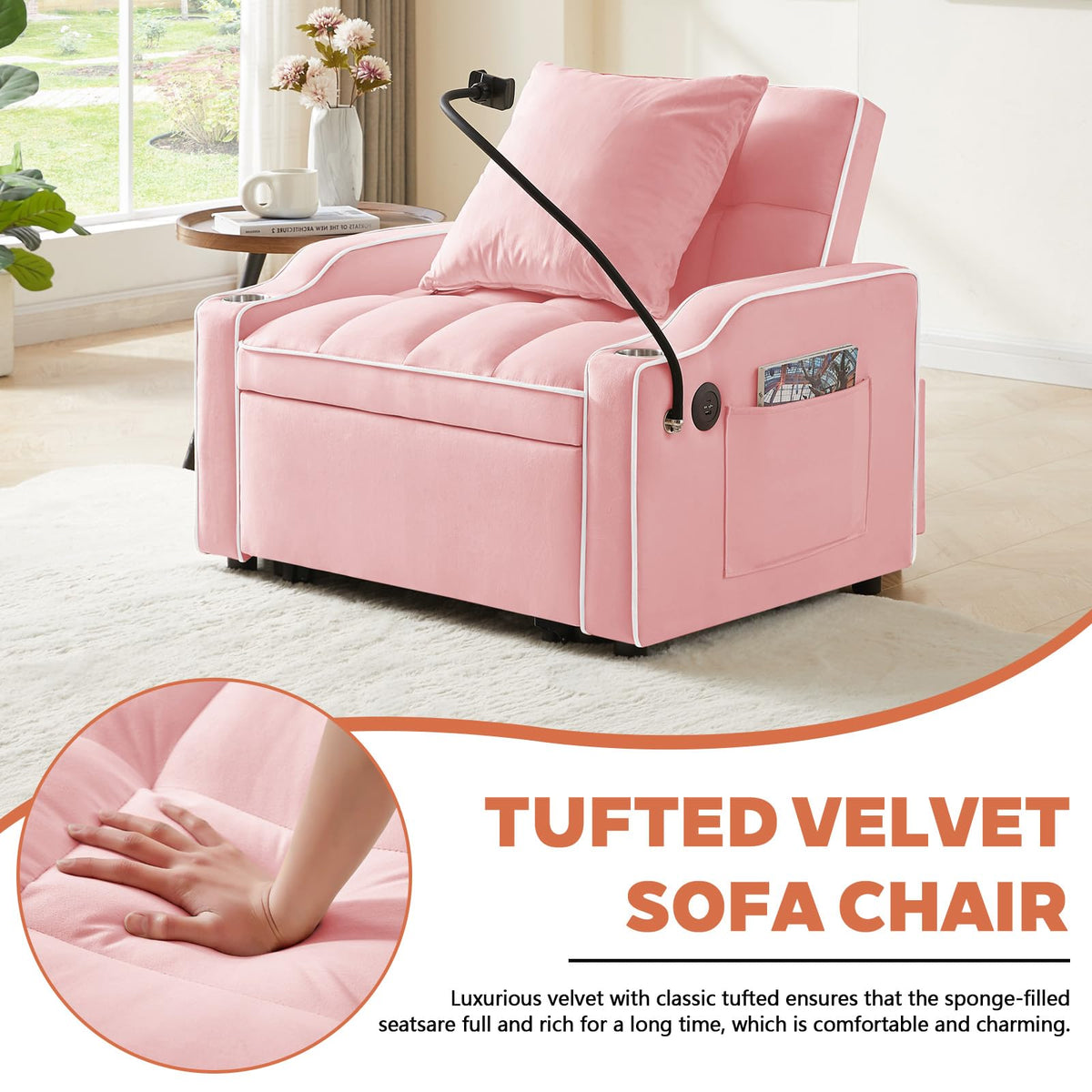 Pink Velvet Convertible Sleeper Chair H252397