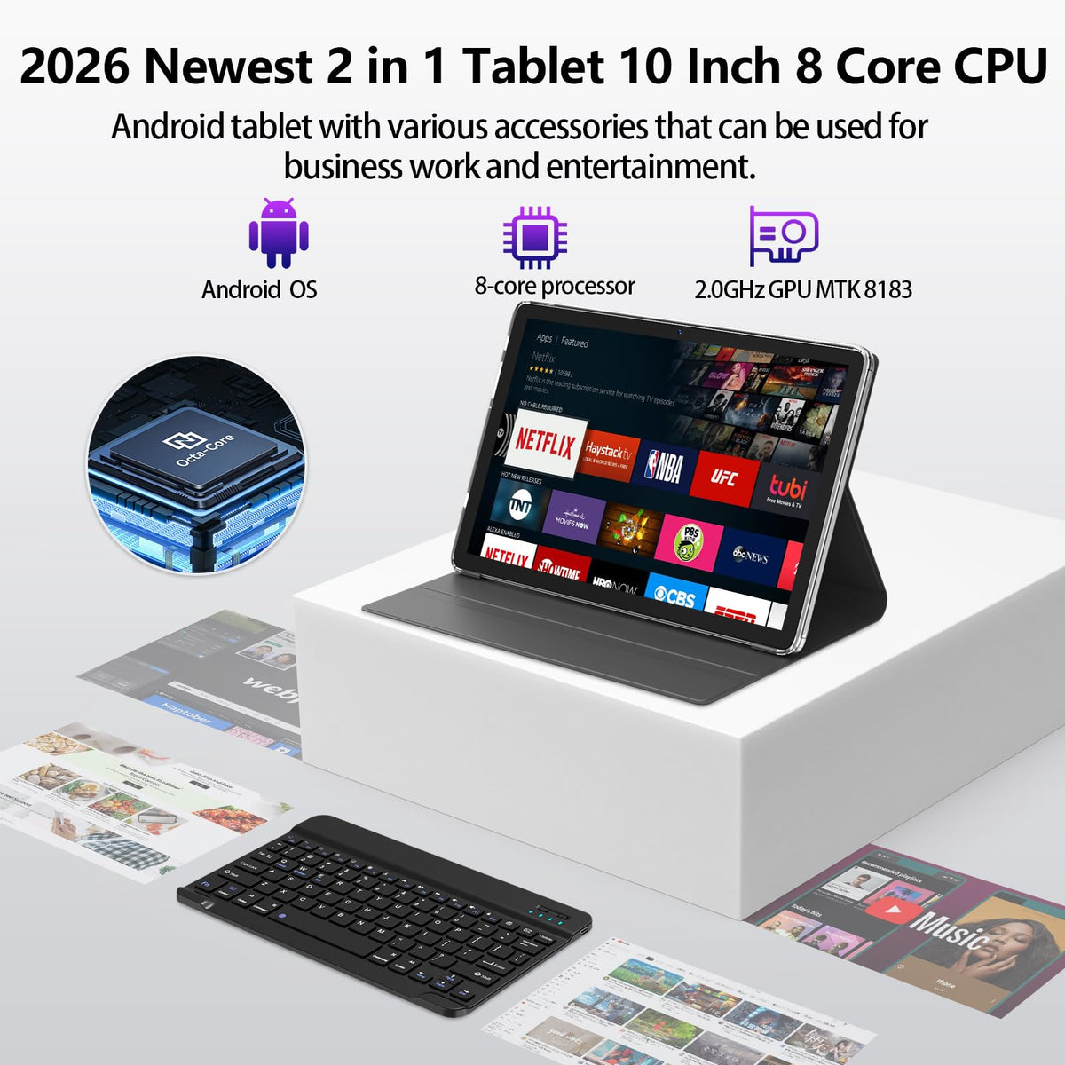 10 inch Android Tablet with Keyboard, 128GB ROM 16GB RAM, Black J90758