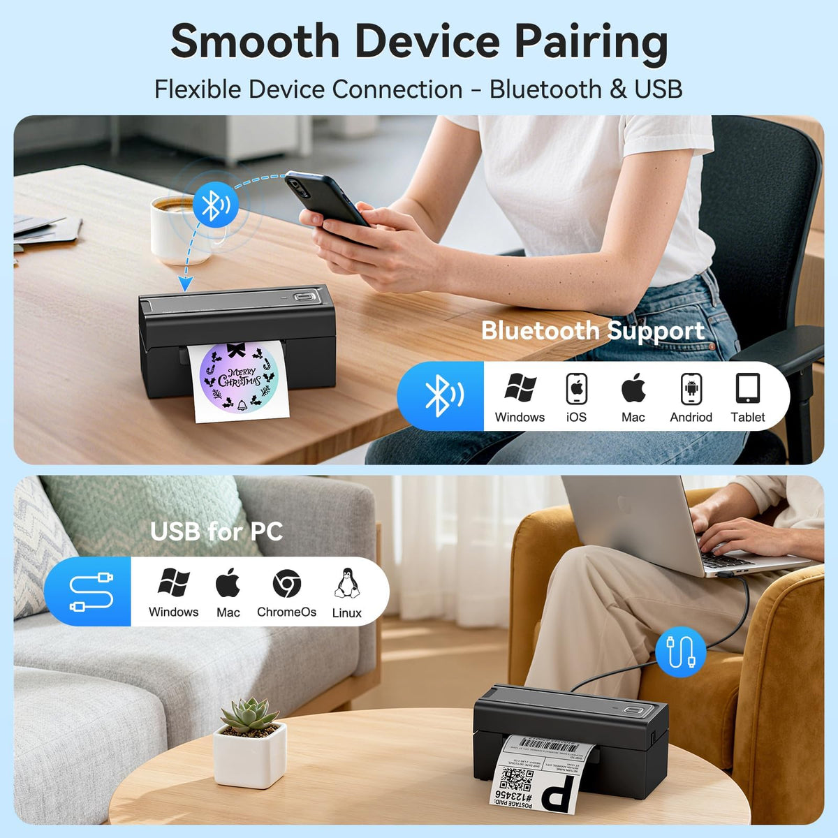Bluetooth Thermal Shipping Label Printer, Wireless 4x6 W209