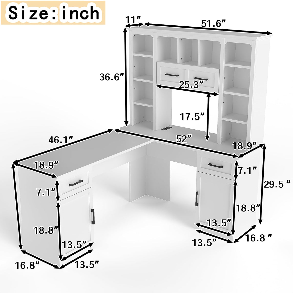 65 Inch White L Shaped Computer Desk with Hutch and Drawers P21404