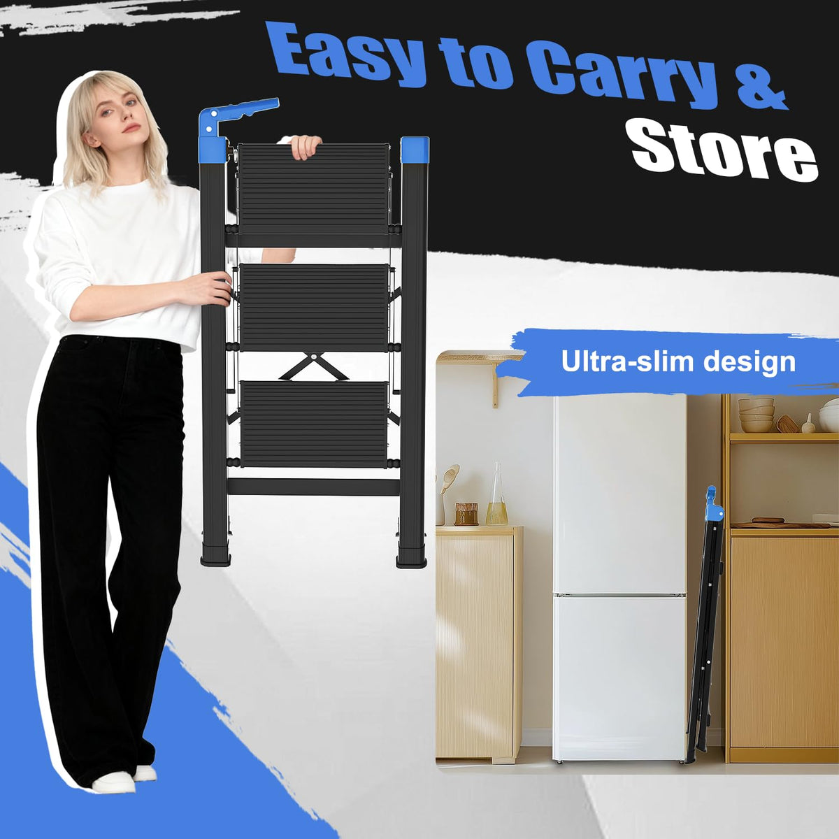 3 Step Foldable Stool with Single-Handrail Blue L152