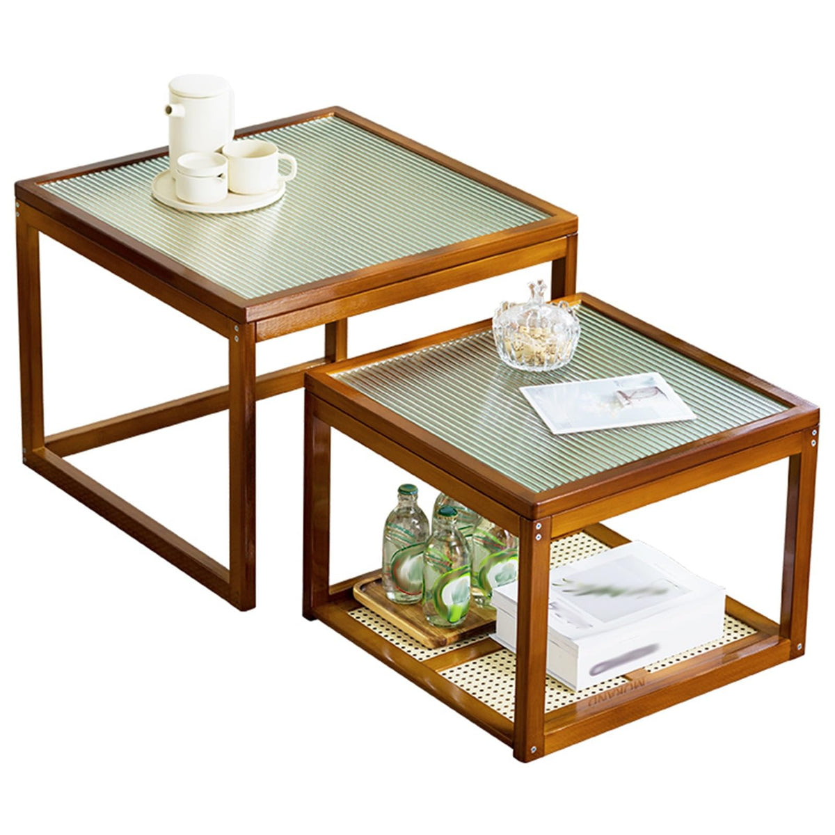 Brown Square Nesting Coffee Table Set of 2 with Tempered Glass and Bamboo N907477