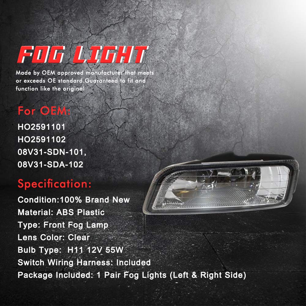 Driving Fog Lights Lamps Replacement with H11 12V 55W Halogen Bulbs & Wiring Harness Kit (Clear Lens) Z889946