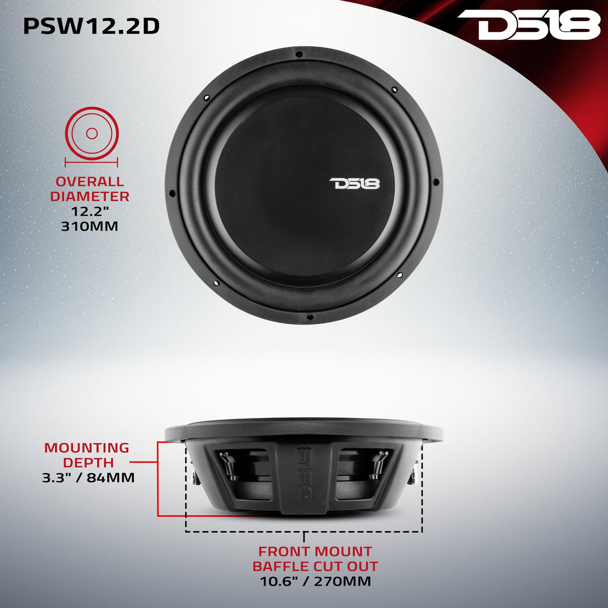 12" Shallow Mount Subwoofer 1200 Watts Max Power Dual Voice Coil 2+2 OHMS Water Resistant B779