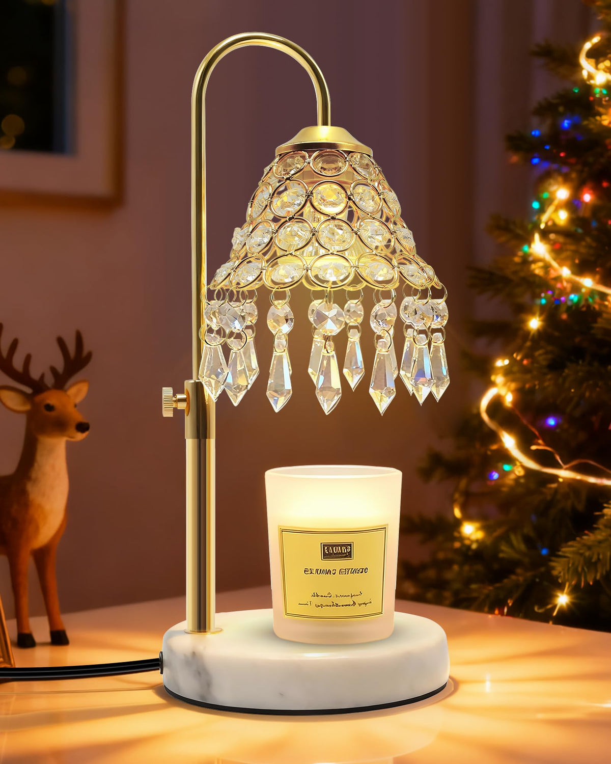 Crystal Candle Warmer Lamp with Timer, Adjustable Height, 50W Halogen Bulb, 5W Night Light, Gold Y7789