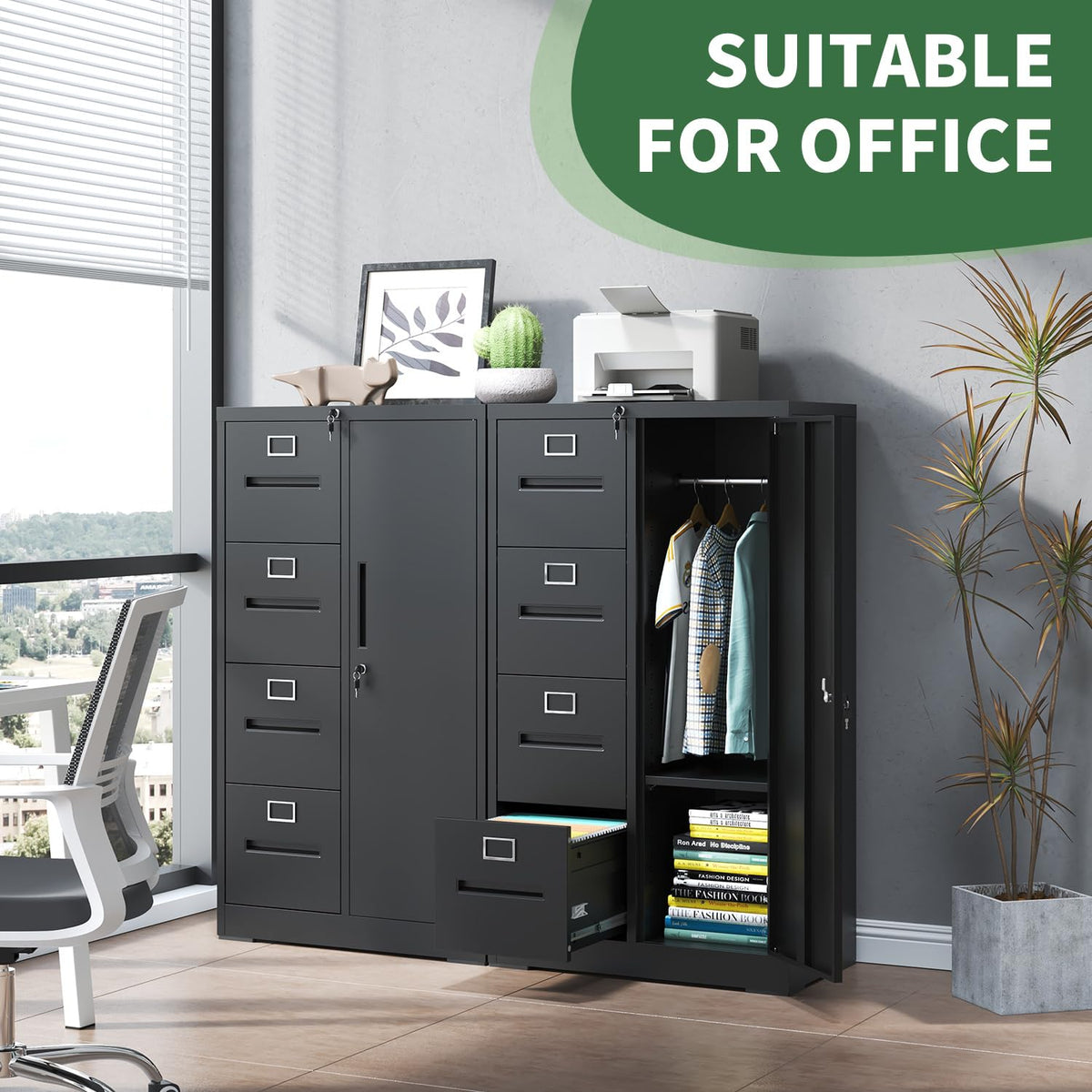 4 Drawer Vertical File Cabinet with Lock and Storage Shelves Black I61667