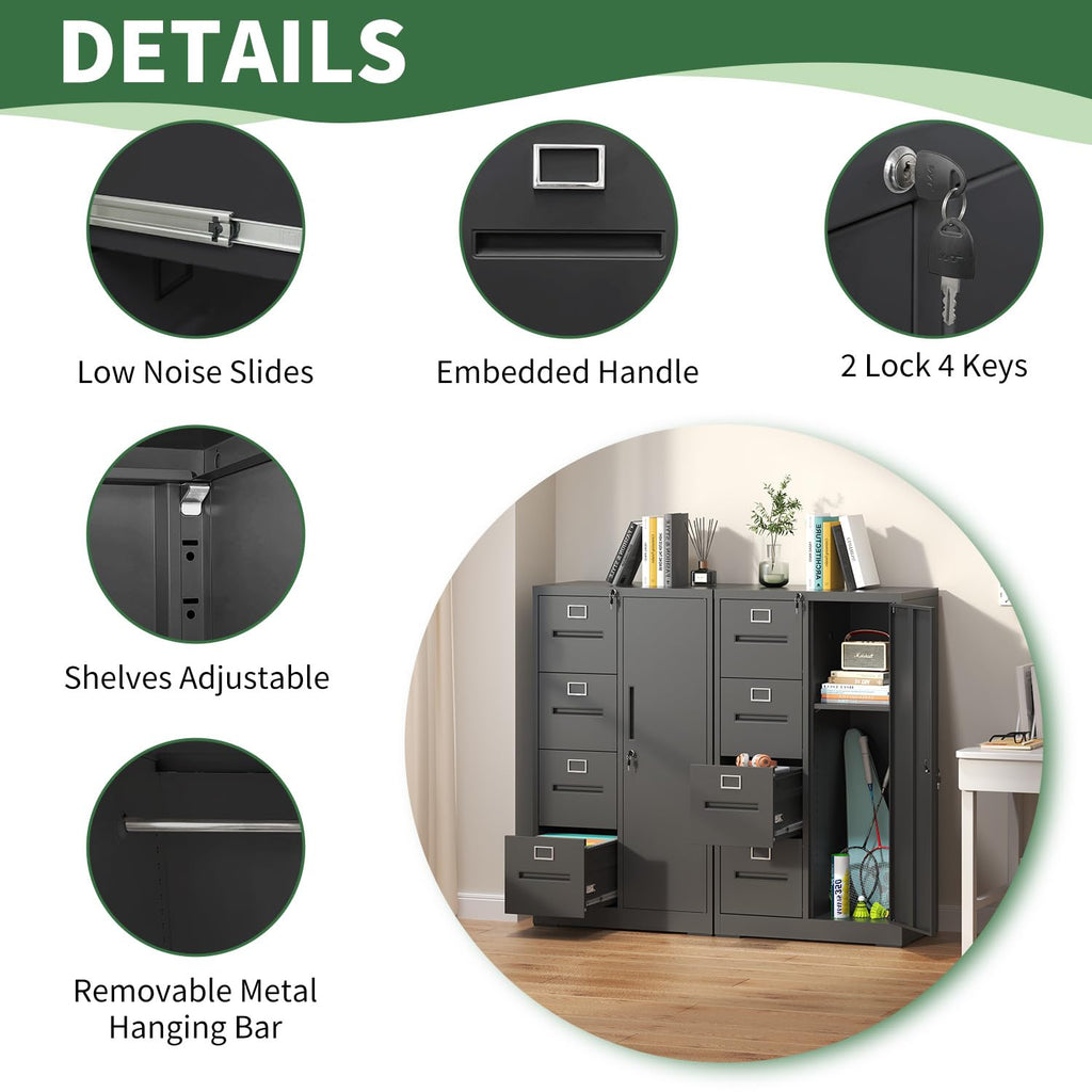 4 Drawer Vertical File Cabinet with Lock and Storage Shelves Black I61667