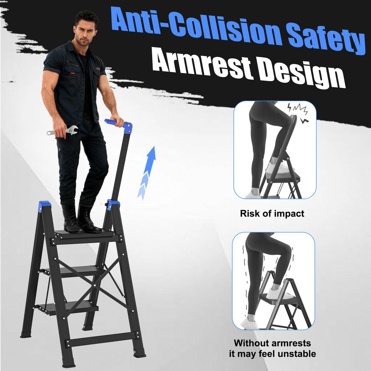 3 Step Foldable Stool with Single-Handrail Blue L152