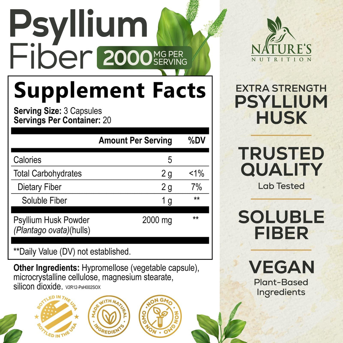 Psyllium Husk Powder 2000mg Fiber Supplement 60 Capsules S9647