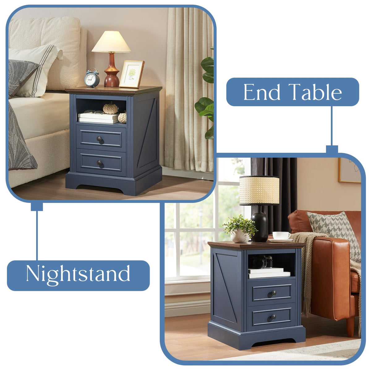 Blue 2 Drawer Nightstand with Charging Station Z26796