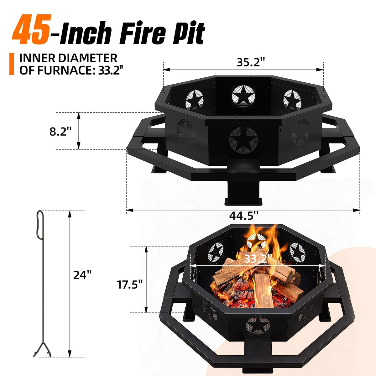 45 Inch Black Wood Burning Octagonal Fire Pit with Poker Q2152