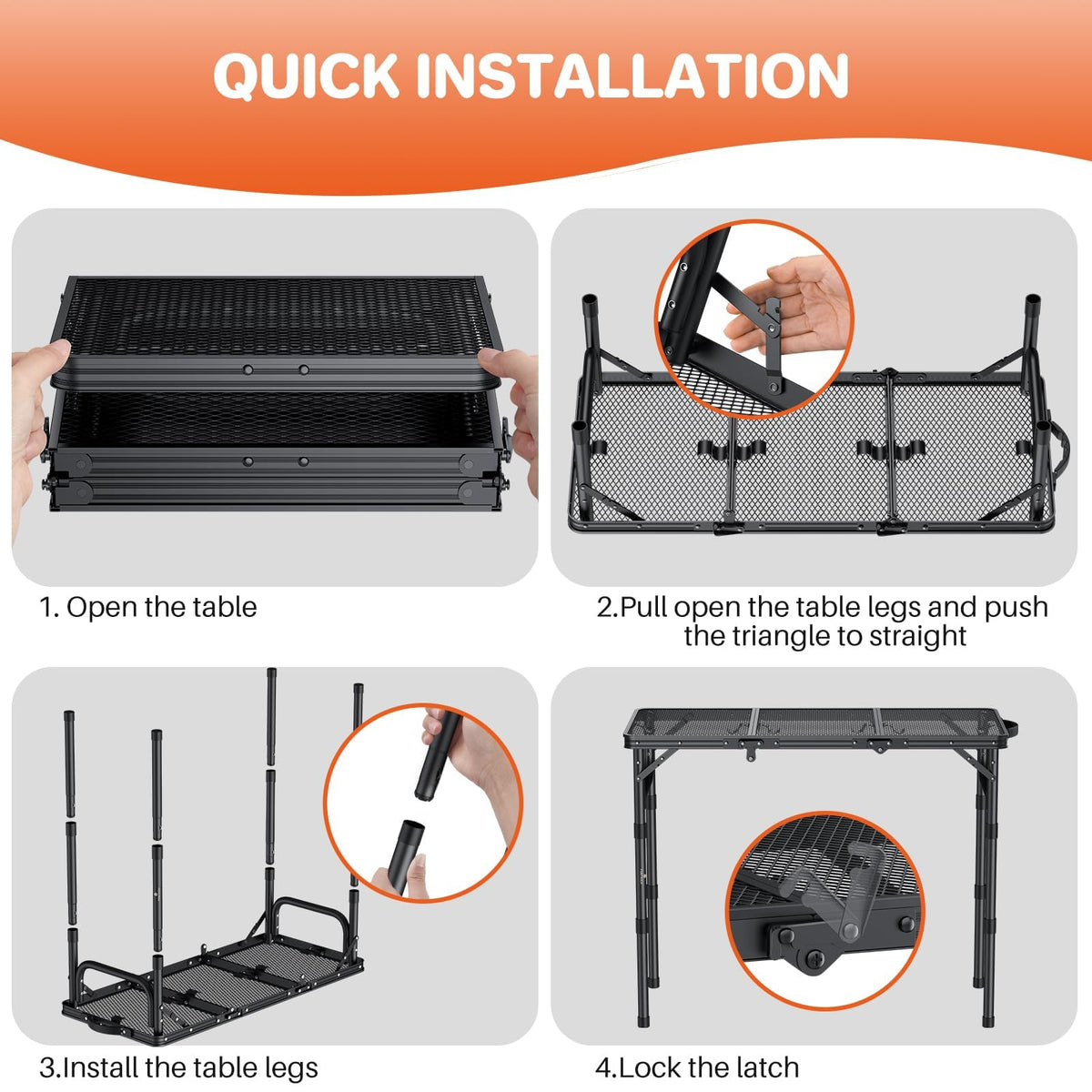 Folding Grill Table 3ft 3 Adjustable Heights Black Y4607