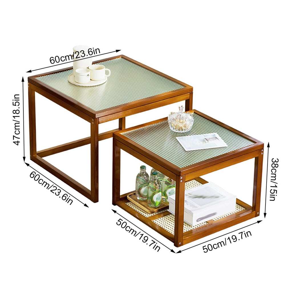 Brown Square Nesting Coffee Table Set of 2 with Tempered Glass and Bamboo N907477