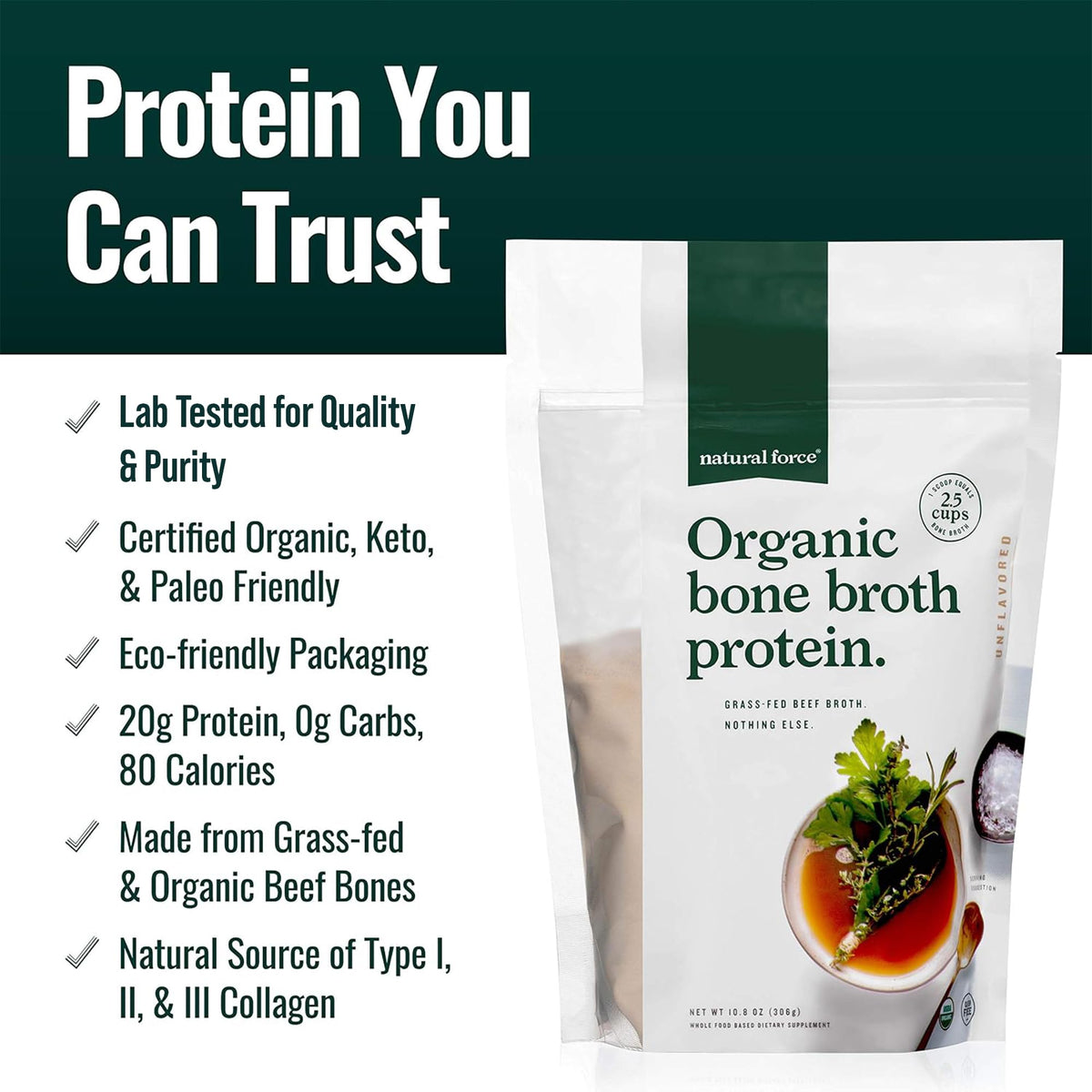 Organic Grass-Fed Unflavored Bone Broth Protein Powder 10.8 oz P531