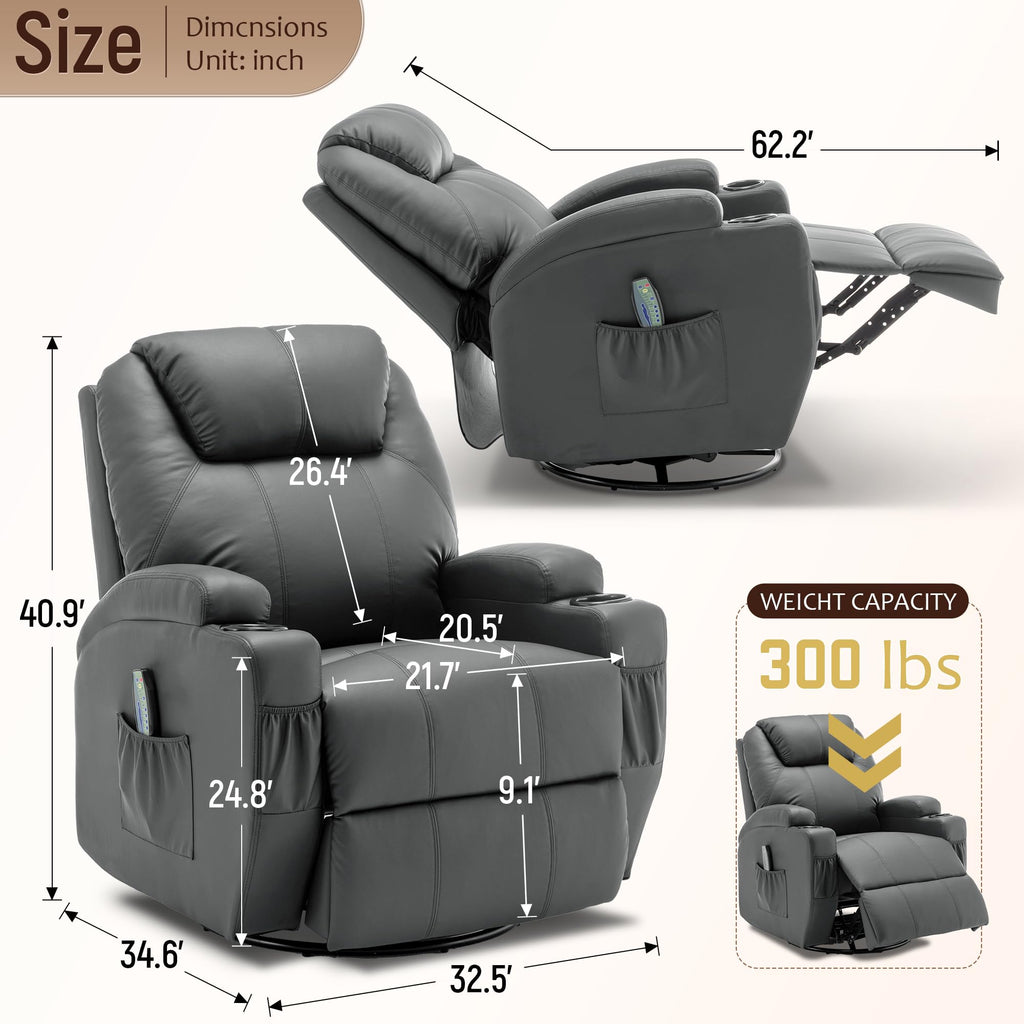 Massage Heat 360° Swivel Rocking Recliner Chair with Remote and Cup Holder A754