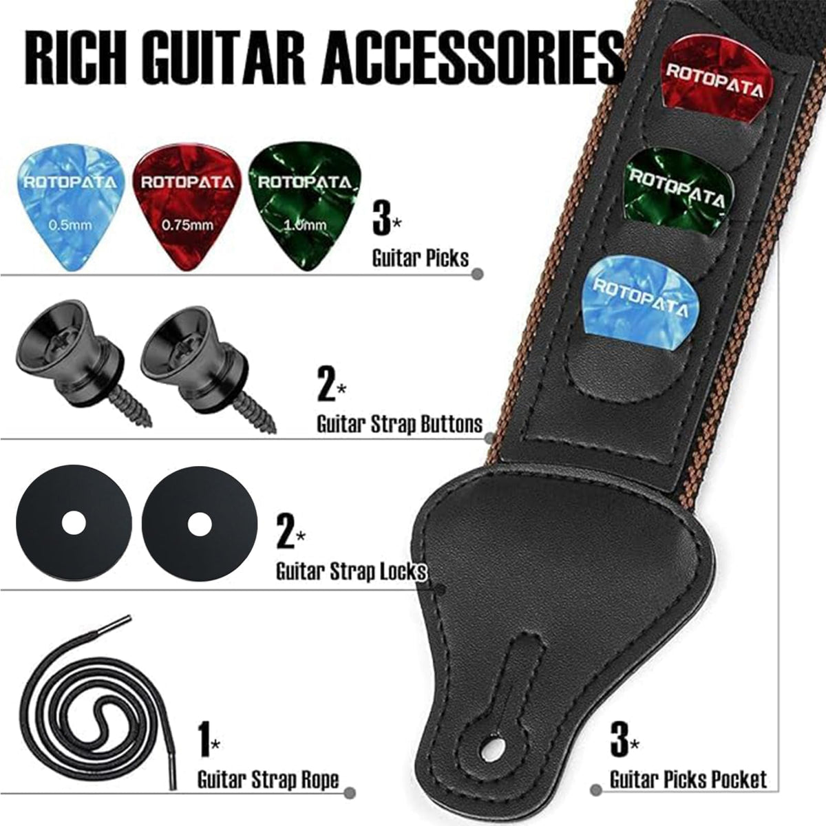 Black Adjustable Guitar Strap Kit with Locks and Picks X518