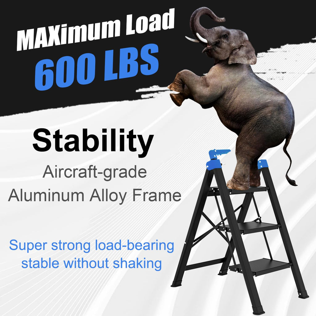 3 Step Foldable Stool with Single-Handrail Blue L152